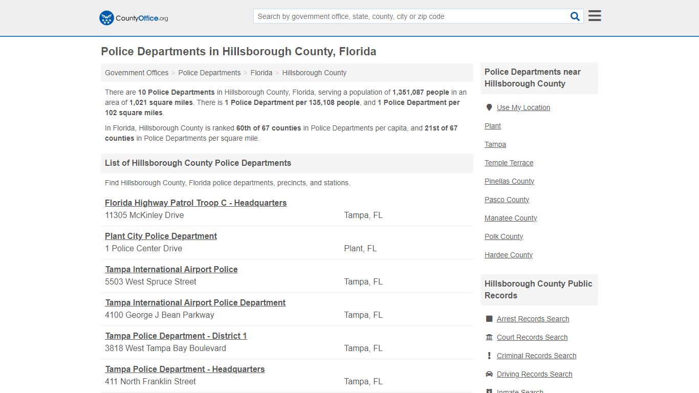 Police Departments in Hillsborough County, Florida - County Office